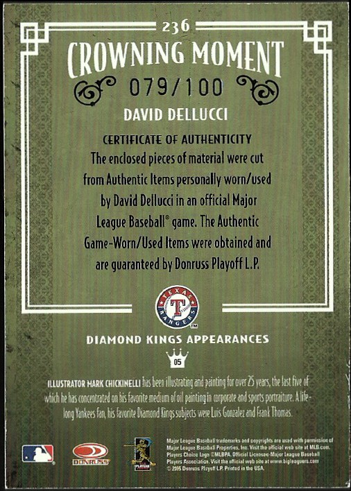 2005 Diamond Kings Materials Silver #236 David Dellucci Jsy-Jsy/100 back image