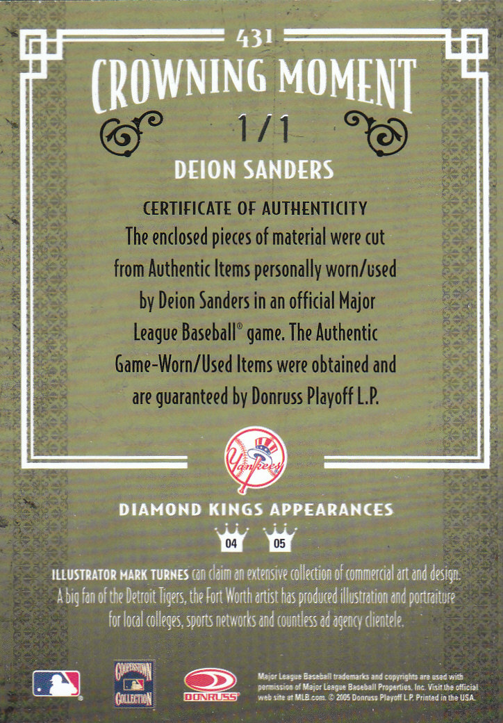 2005 Diamond Kings Materials Framed Blue Platinum #431 Deion Sanders Bat-Jsy back image