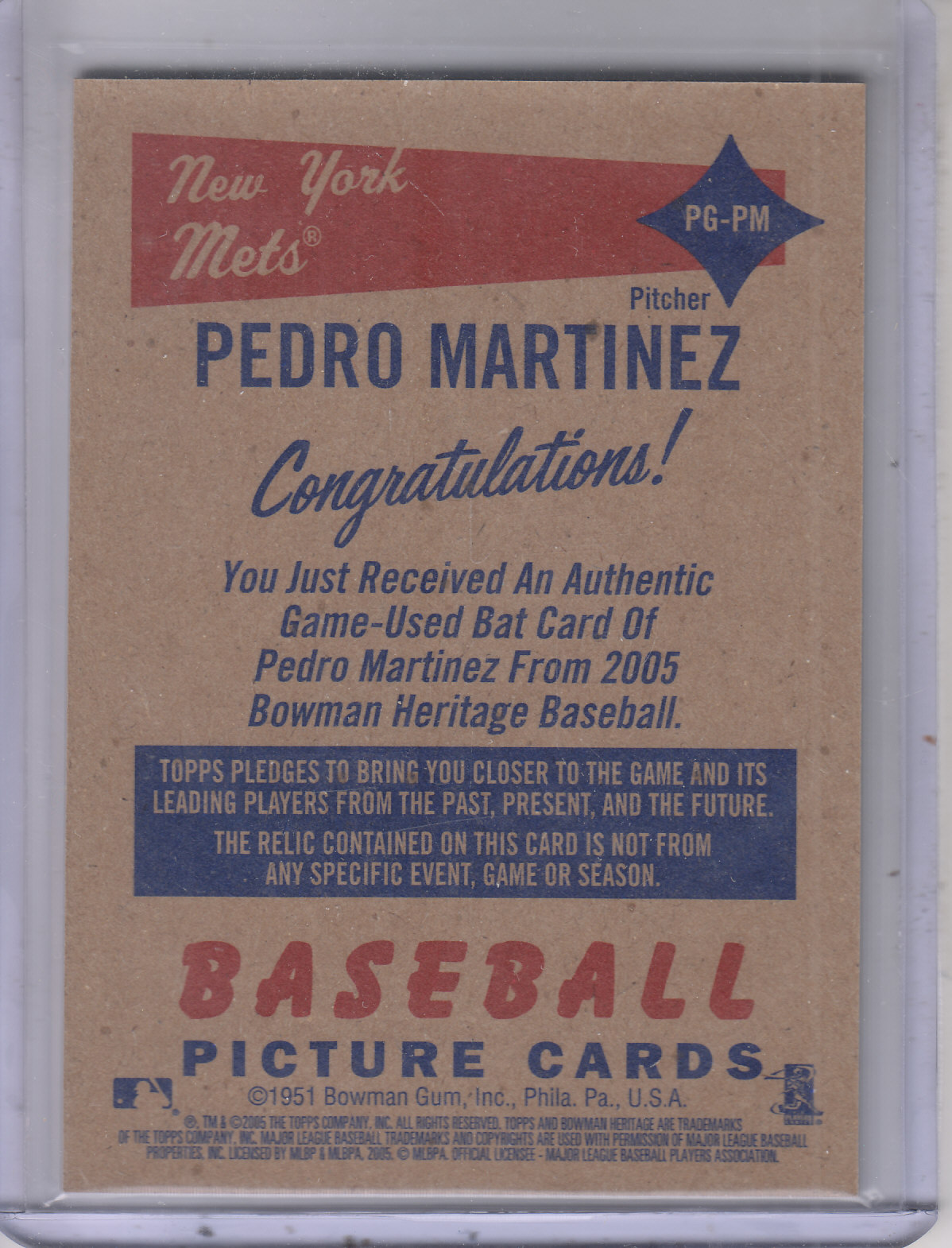 2005 Bowman Heritage Pieces of Greatness Relics #PM Pedro Martinez Bat B back image