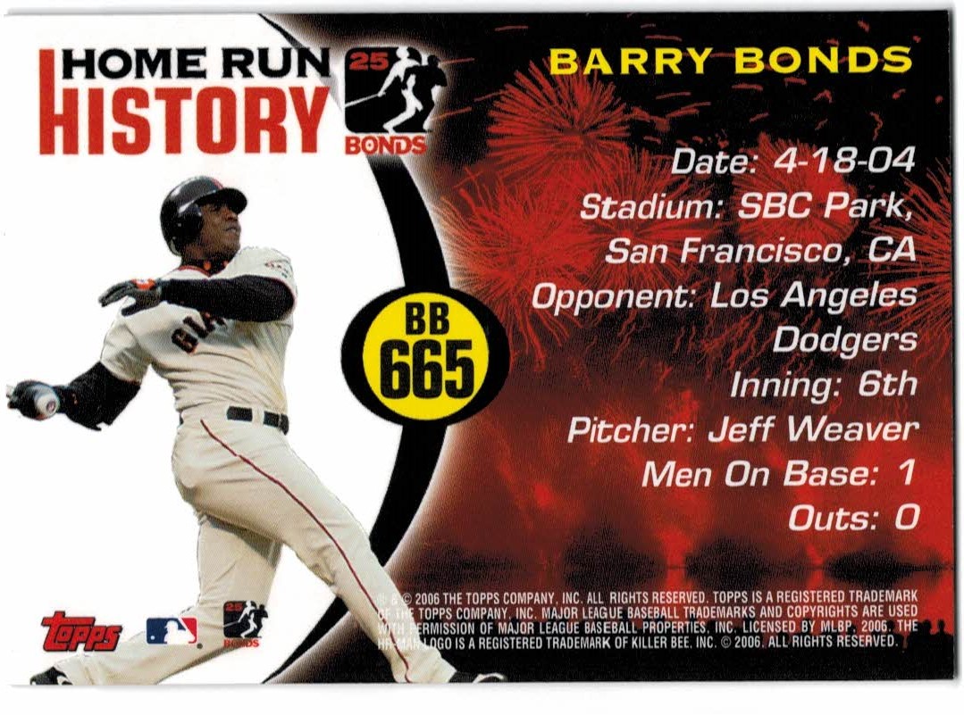 2005 Topps Barry Bonds Home Run History #665 Barry Bonds HR665 back image