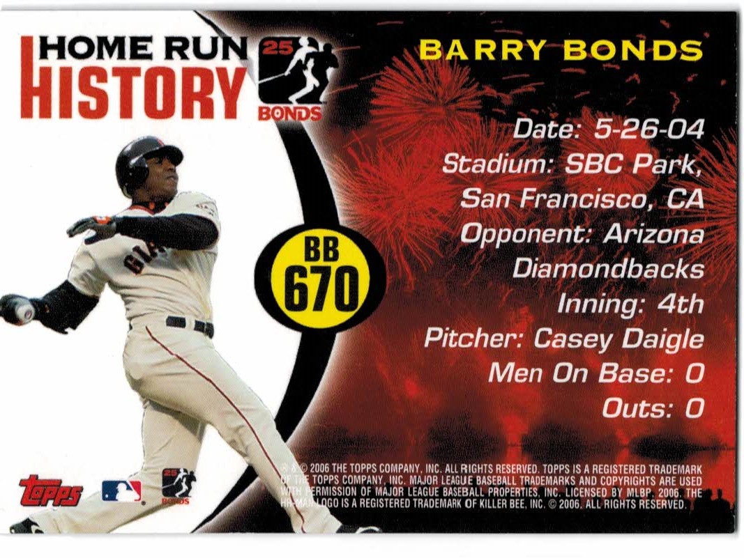 2005 Topps Barry Bonds Home Run History #670 Barry Bonds HR670 back image