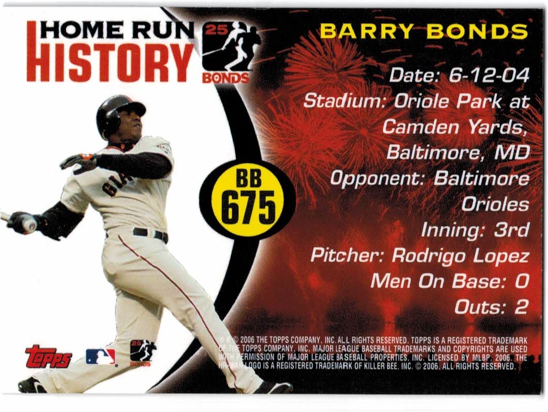 2005 Topps Barry Bonds Home Run History #675 Barry Bonds HR675 back image