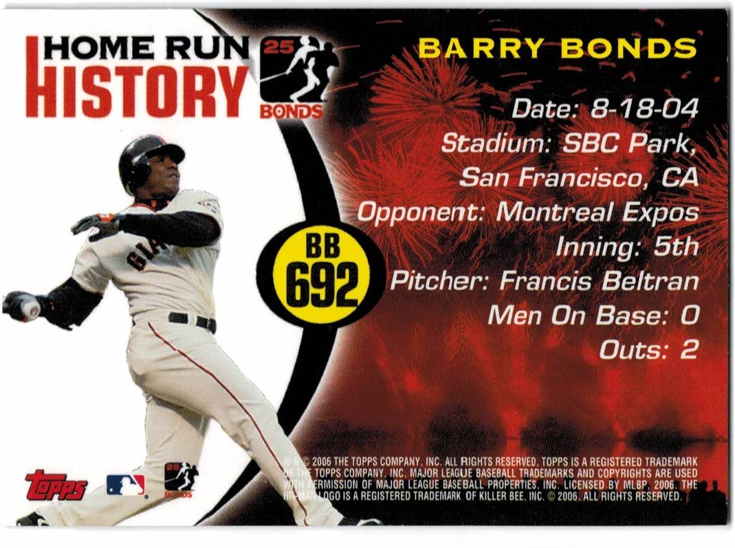 2005 Topps Barry Bonds Home Run History #692 Barry Bonds HR692 back image