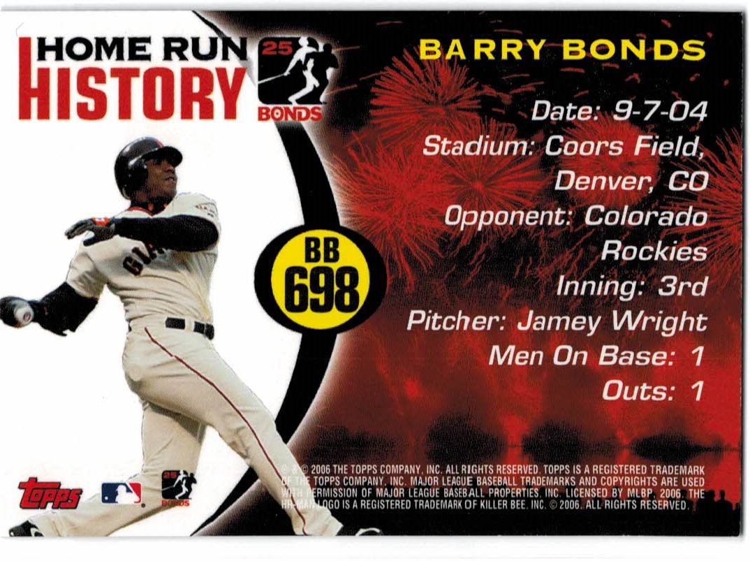 2005 Topps Barry Bonds Home Run History #698 Barry Bonds HR698 back image