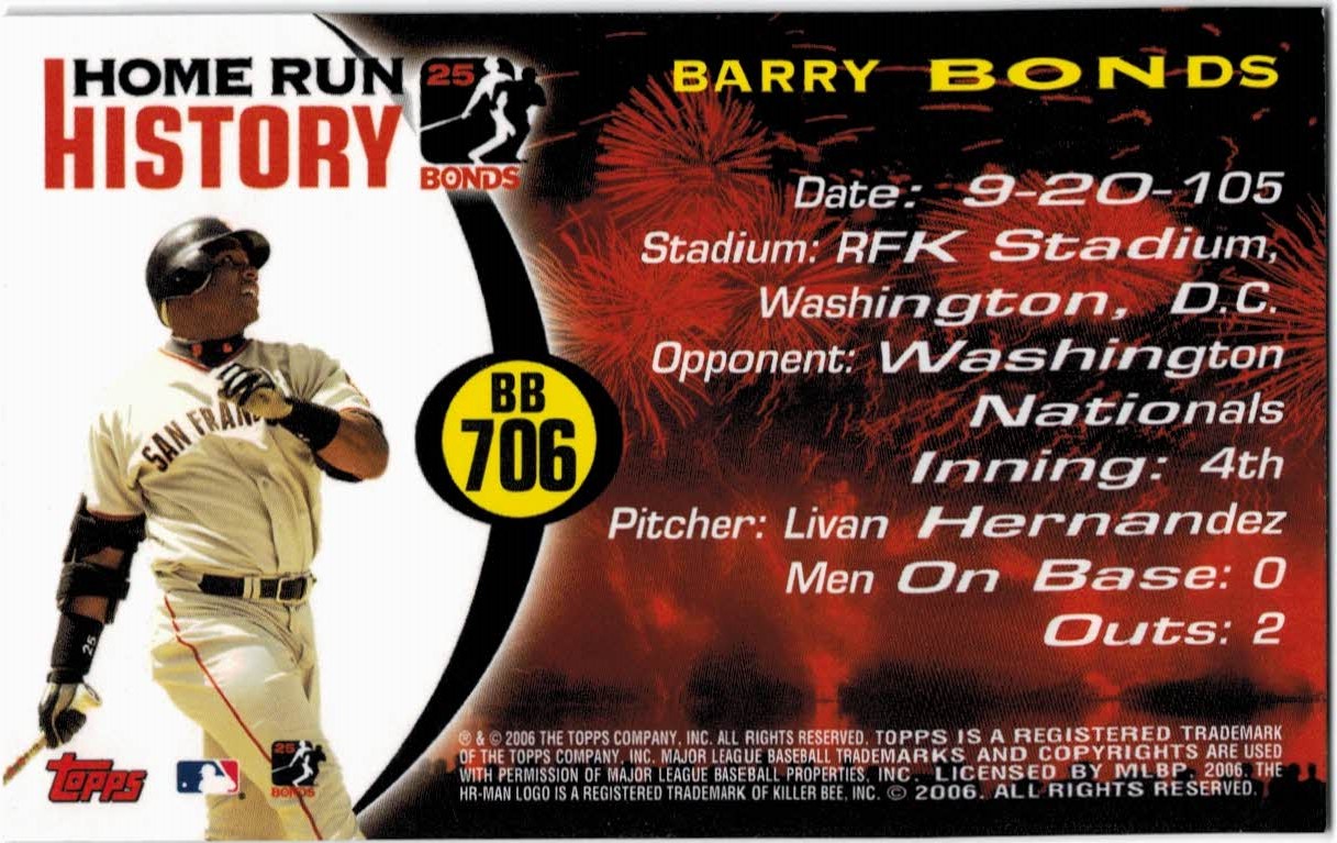 2005 Topps Barry Bonds Home Run History #706 Barry Bonds HR706 back image
