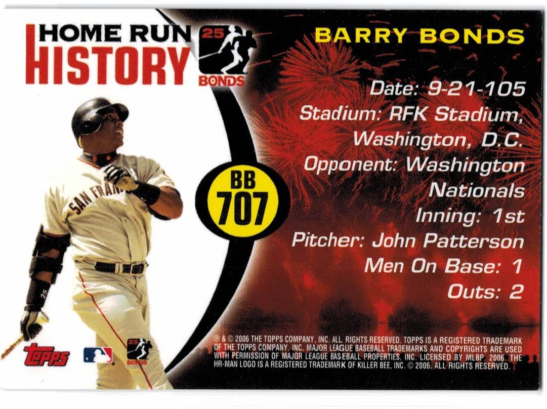 2005 Topps Barry Bonds Home Run History #707 Barry Bonds HR707 back image