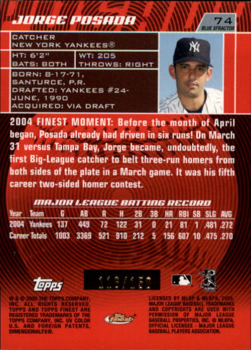 2005 Topps Finest Refractor//399 #74 Jorge Posada New York Yankees Baseball Card