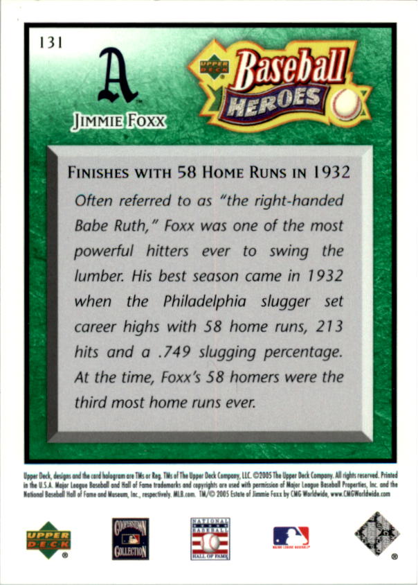 2005 Upper Deck Baseball Heroes Emerald #131 Jimmie Foxx A's back image