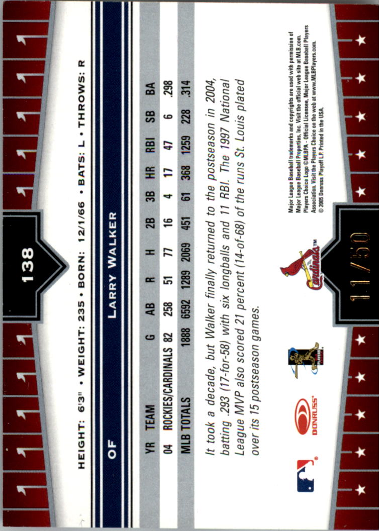 2005 Donruss Champions Impressions Gold #138 Larry Walker Cards back image