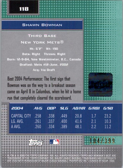 2005 Bowman's Best Green #118 Shawn Bowman FY AU back image