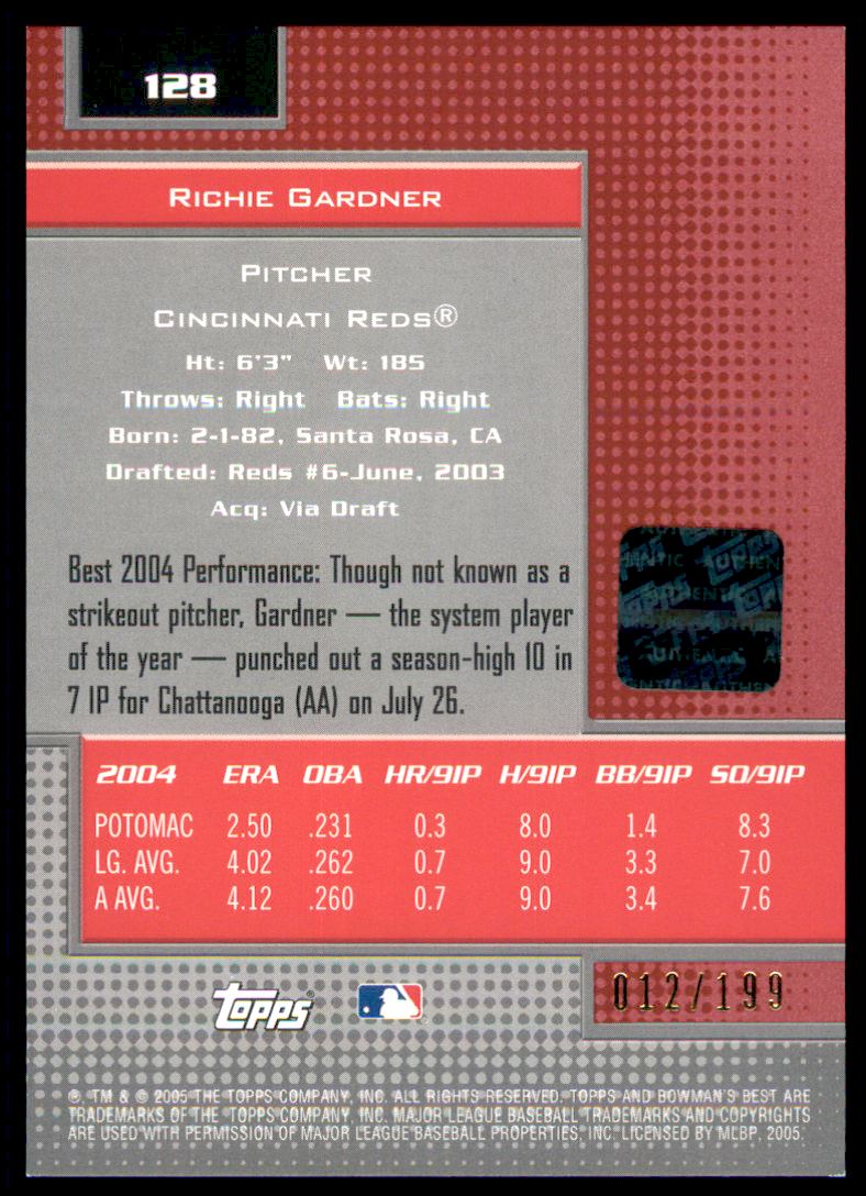 2005 Bowman's Best Red #128 Richie Gardner FY AU back image