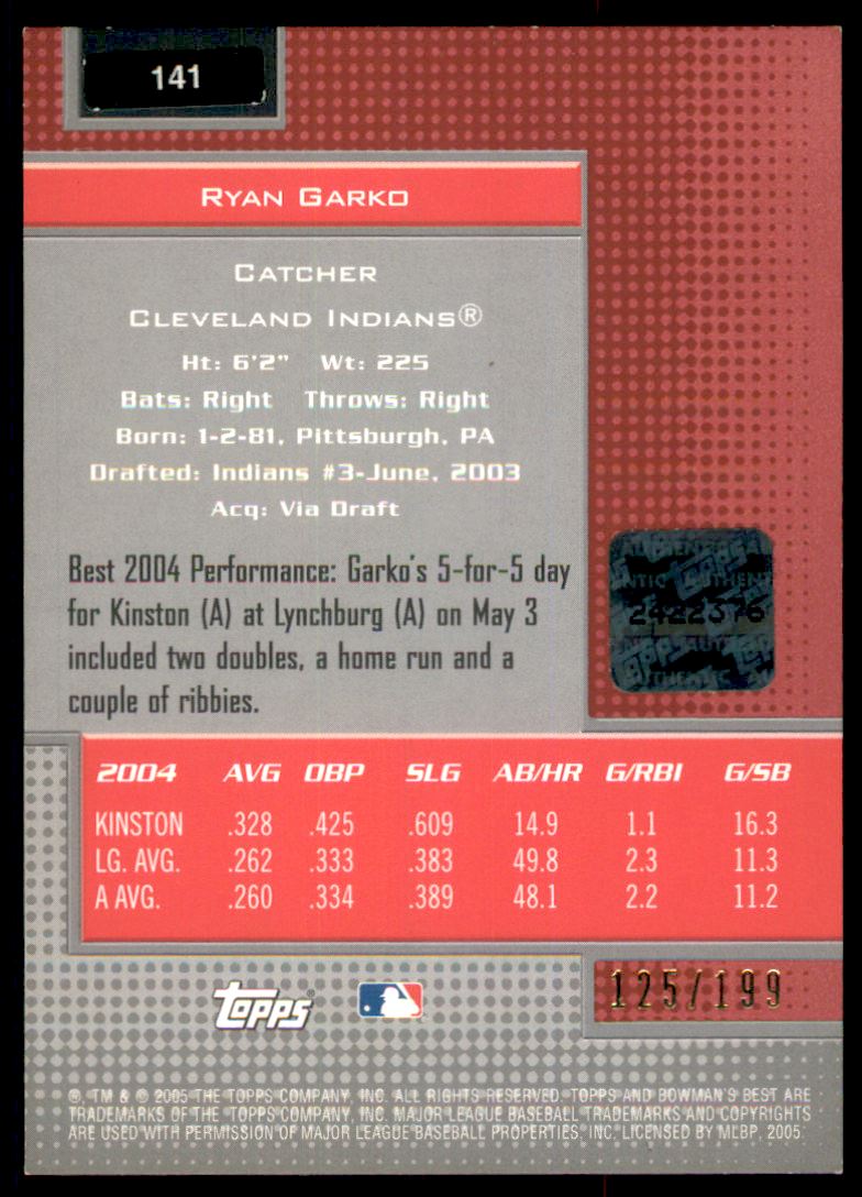 2005 Bowman's Best Red #141 Ryan Garko FY AU back image