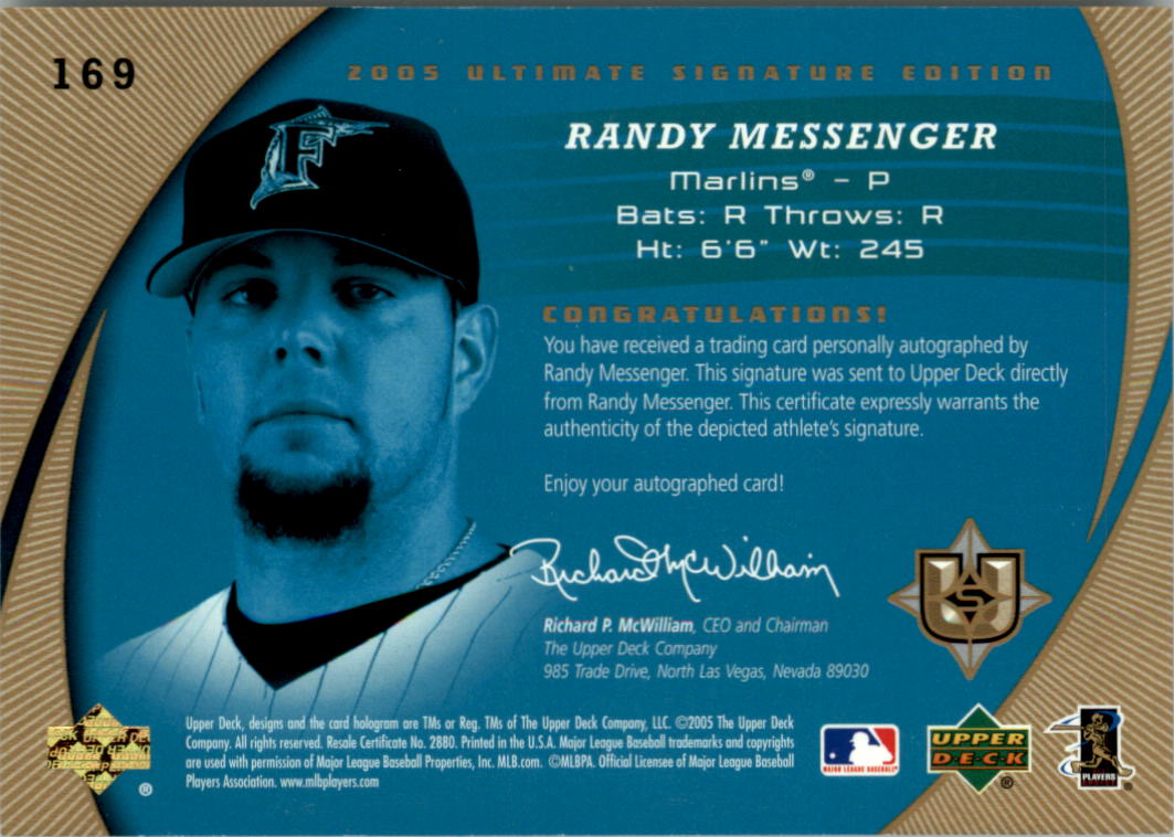 2005 Ultimate Signature #169 Randy Messenger AU RC back image