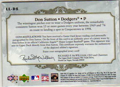 2005 SP Legendary Cuts Lasting Legends Autograph Material Gold #DS Don Sutton Jsy back image
