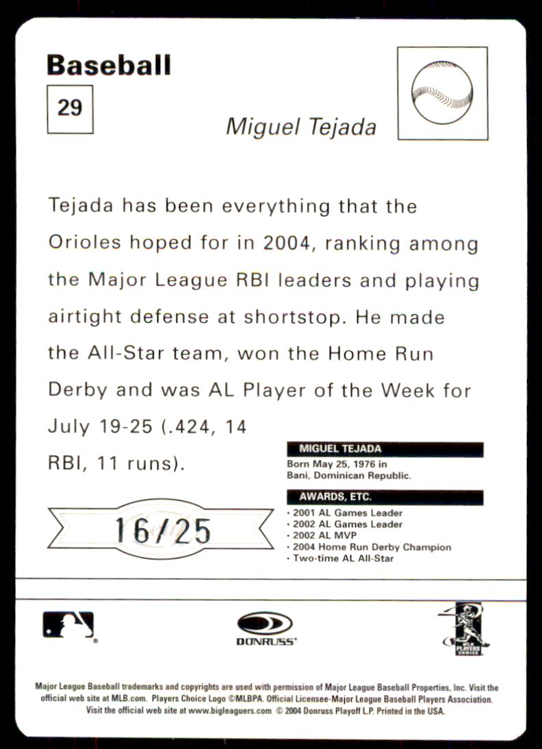 2005 Leaf Sportscasters 25 Orange Throwing-Glove #29 Miguel Tejada back image