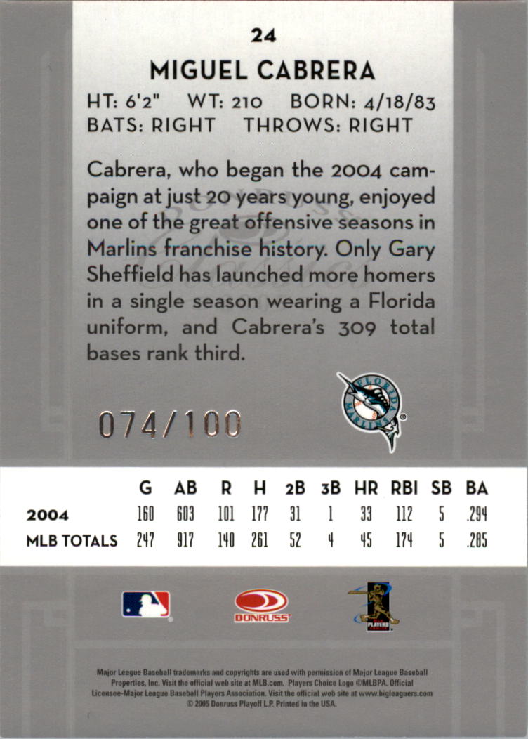 2005 Donruss Classics Timeless Tributes Silver #24 Miguel Cabrera back image