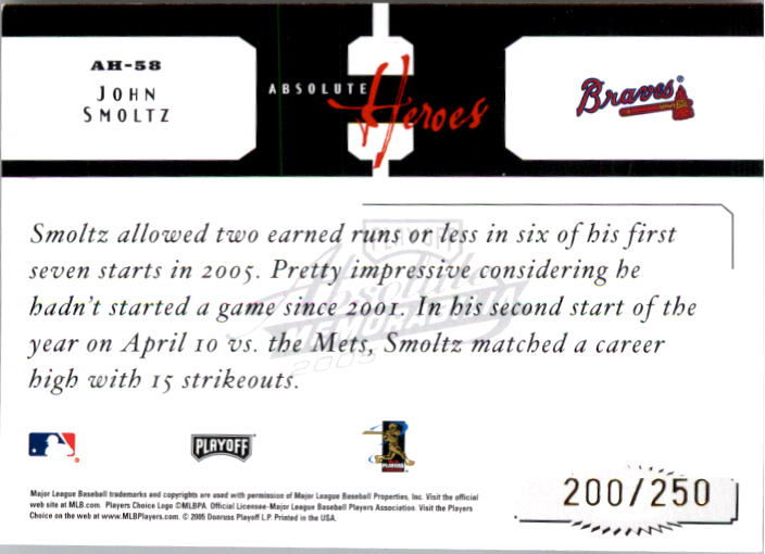 2005 Absolute Memorabilia Heroes #AH58 John Smoltz back image