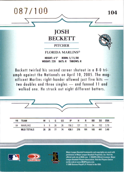 2005 Throwback Threads Gold Century Proof #104 Josh Beckett back image