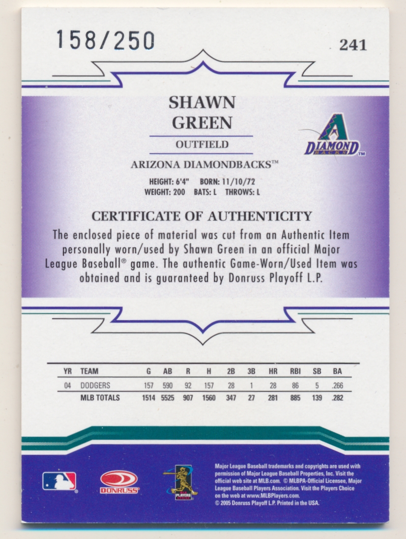 2005 Throwback Threads Material Bat #241 Shawn Green/250 back image