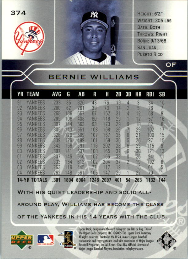 2005 Upper Deck Gold #374 Bernie Williams back image