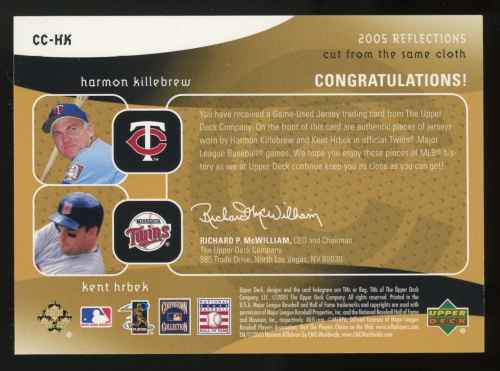 2005 Reflections Cut From the Same Cloth Dual Jersey #HK Harmon Killebrew/Kent Hrbek back image