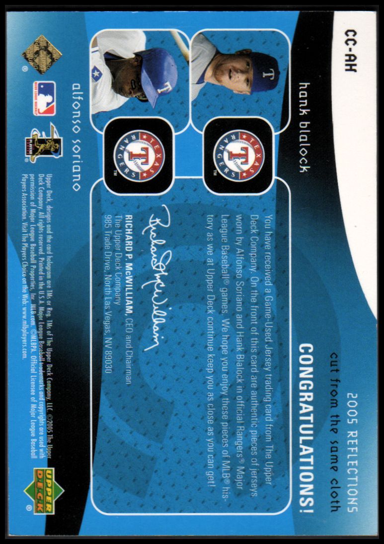2005 Reflections Cut From the Same Cloth Dual Jersey Blue #AH Alfonso Soriano/Hank Blalock back image
