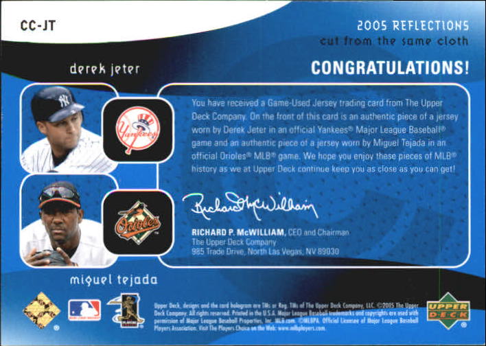 2005 Reflections Cut From the Same Cloth Dual Jersey Blue #JT Derek Jeter/Miguel Tejada back image