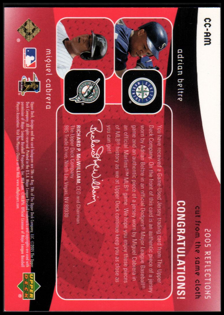 2005 Reflections Cut From the Same Cloth Dual Jersey Red #AM Adrian Beltre/Miguel Cabrera back image