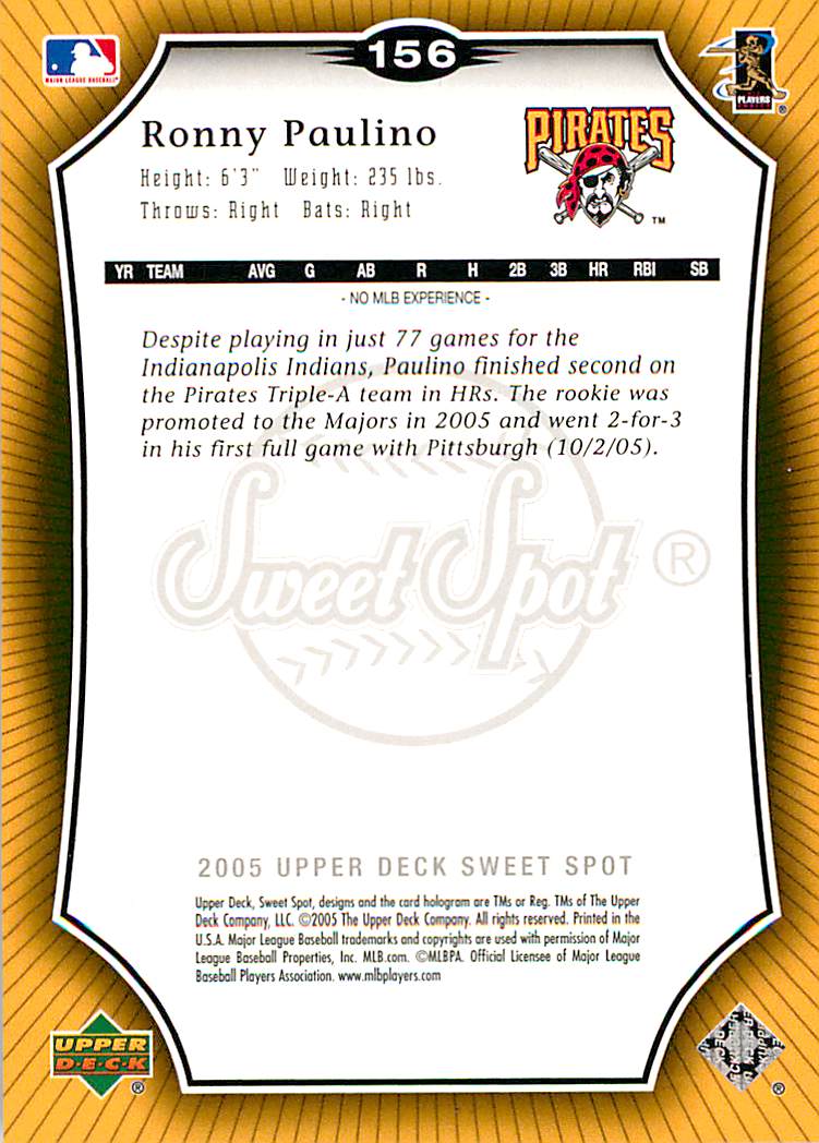 2005 Sweet Spot Platinum #156 Ronny Paulino SB back image