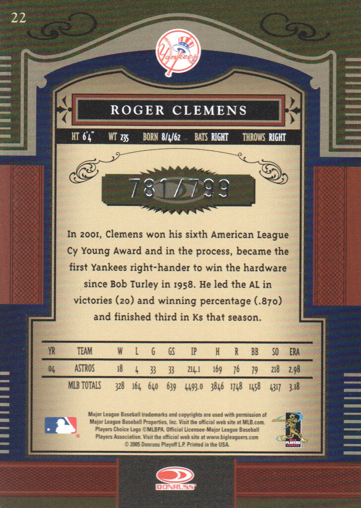2005 Timeless Treasures #22 Roger Clemens Yanks back image