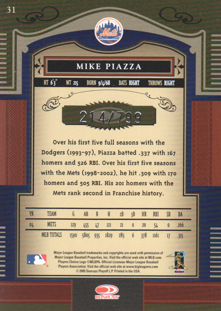 2005 Timeless Treasures #31 Mike Piazza Mets back image