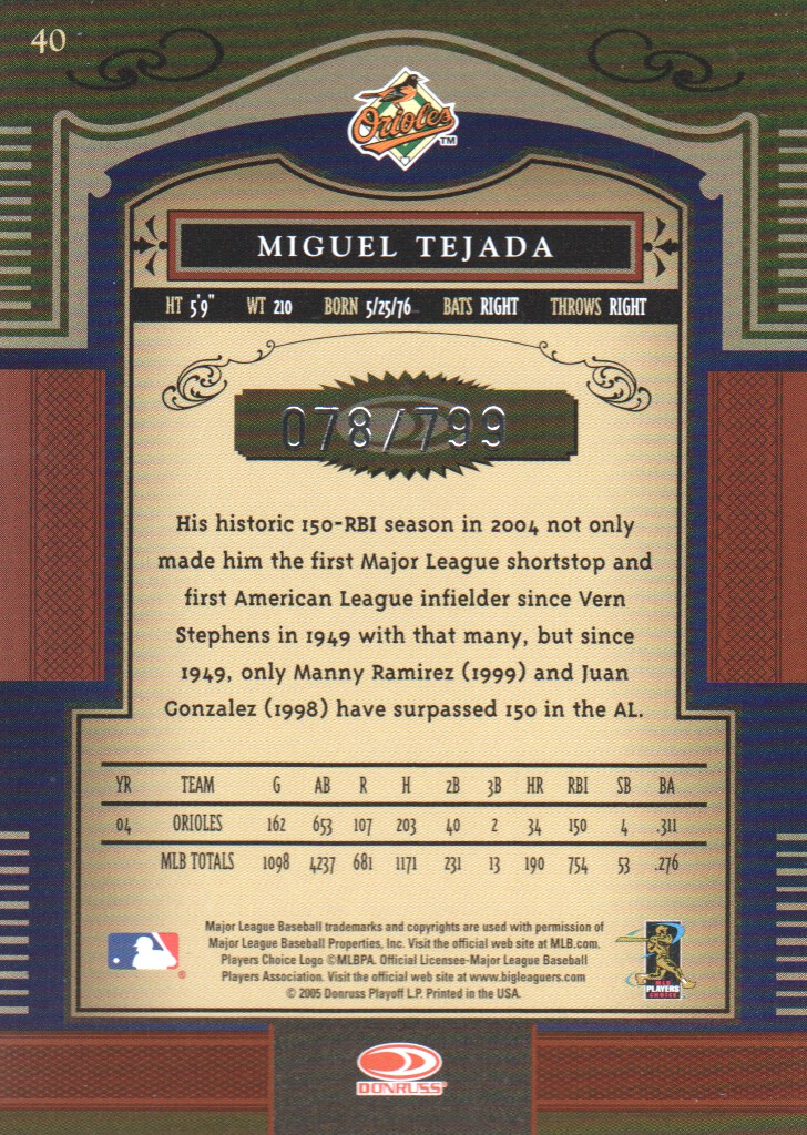 2005 Timeless Treasures #40 Miguel Tejada back image