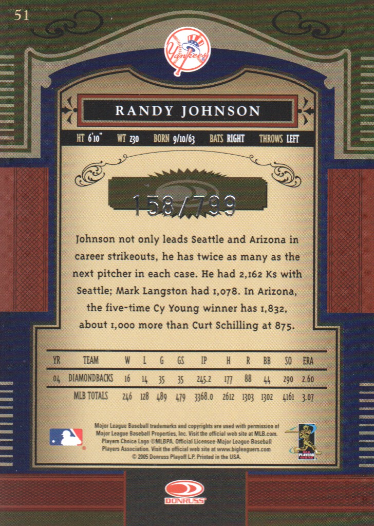 2005 Timeless Treasures #51 Randy Johnson back image