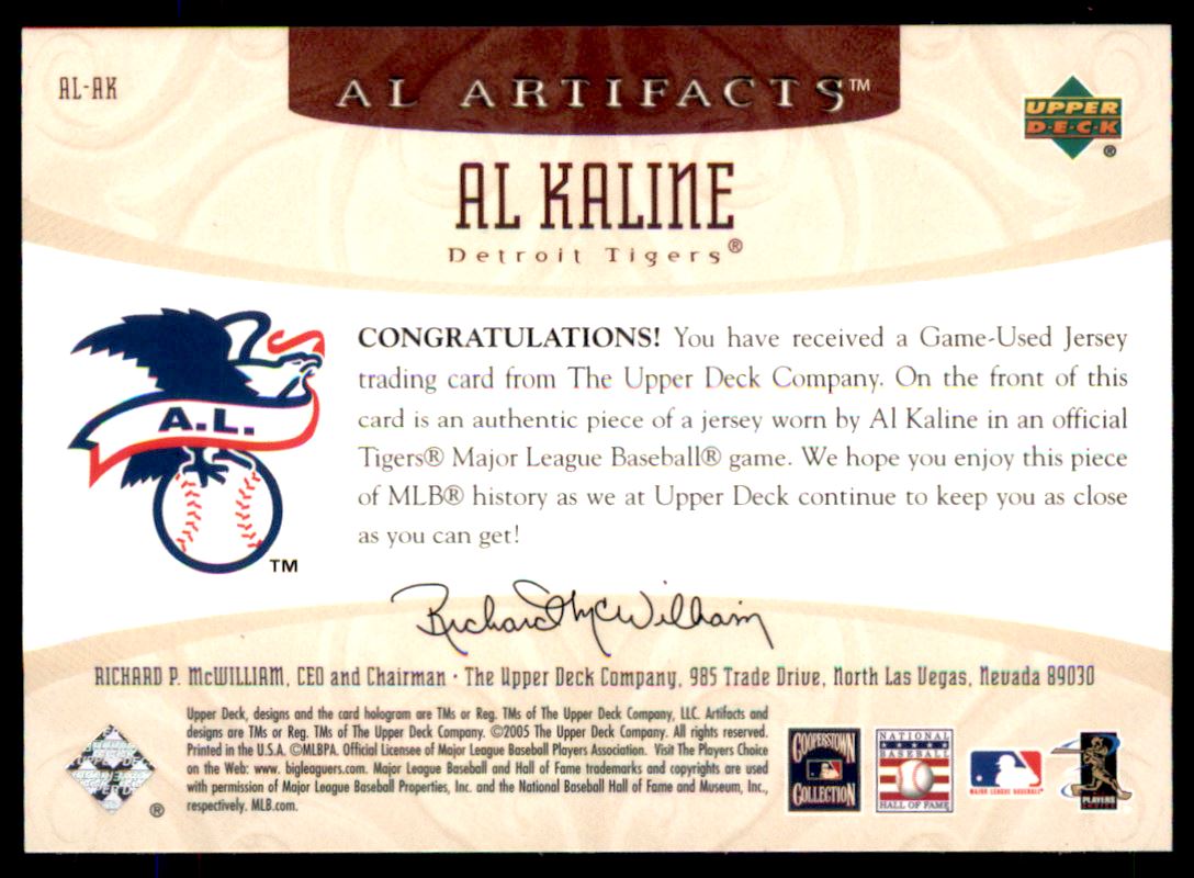 2005 Artifacts AL/NL Artifacts #AK Al Kaline Jsy/325 back image
