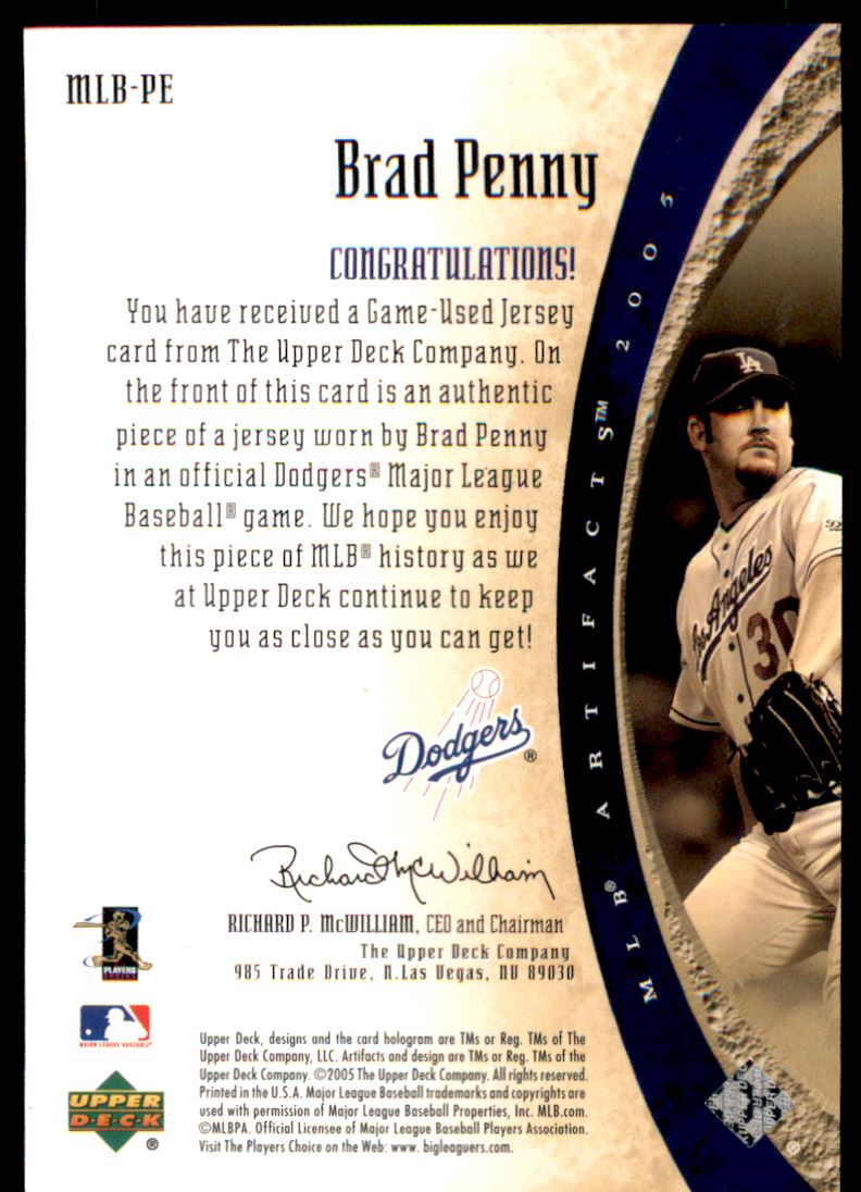 2005 Artifacts MLB Apparel #PE Brad Penny Jsy/325 back image