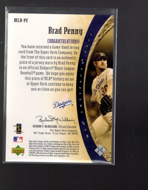 2005 Artifacts MLB Apparel #PE Brad Penny Jsy/325 back image