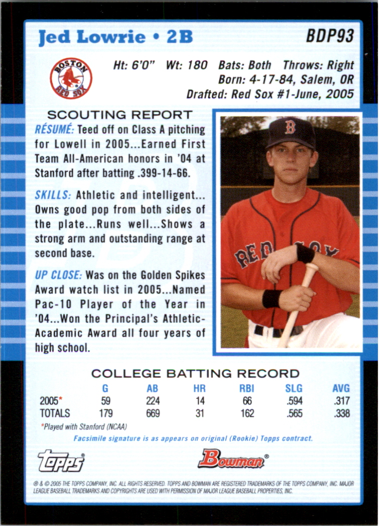 2005 Bowman Draft #93 Jed Lowrie FY RC back image