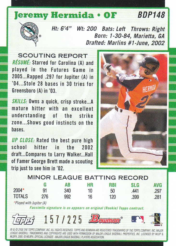 2005 Bowman Draft White #148 Jeremy Hermida PROS back image