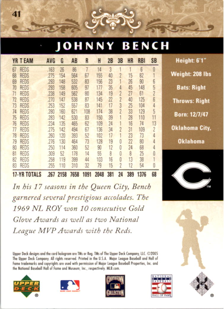 2005 Upper Deck Hall of Fame Gold #41 Johnny Bench back image