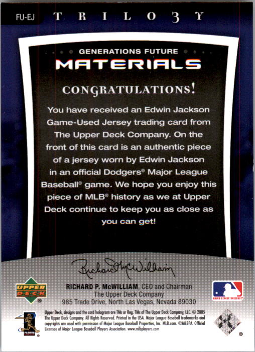 2005 Upper Deck Trilogy Generations Future Materials Silver #EJ Edwin Jackson Jsy back image
