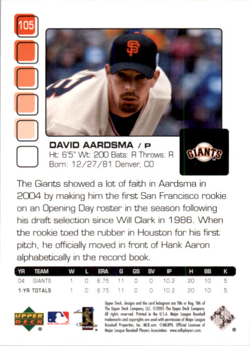 2005 Upper Deck Pros and Prospects #105 David Aardsma T1 back image