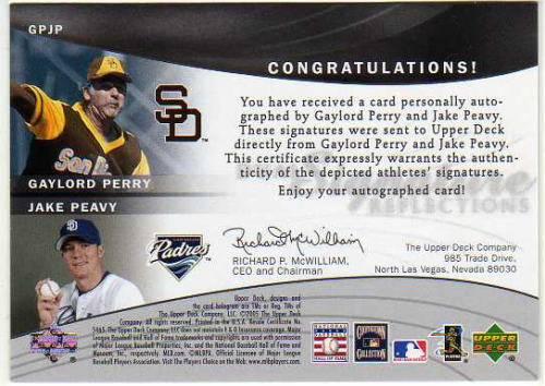 2005 Reflections Dual Signatures Platinum #GPJP Gaylord Perry/Jake Peavy back image
