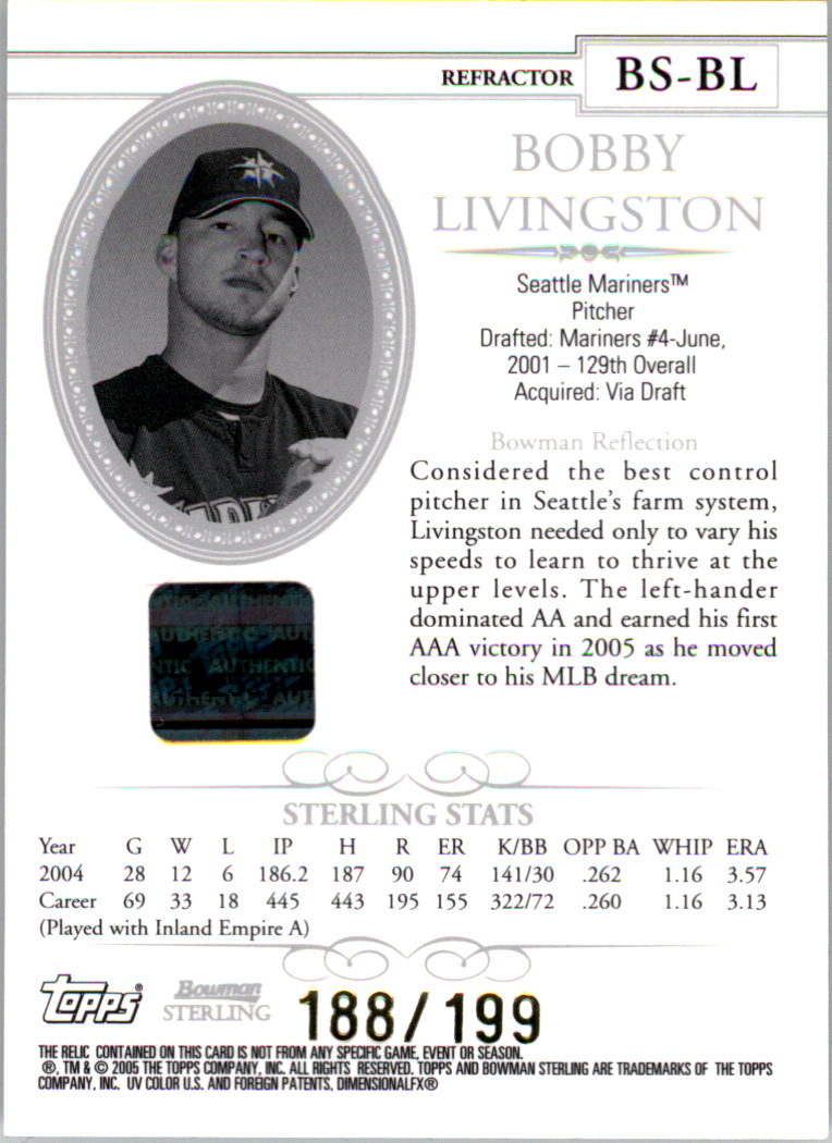 2005 Bowman Sterling Refractors #BL Bobby Livingston AU Jsy back image
