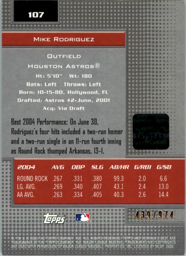 2005 Bowman's Best #107 Mike Rodriguez FY AU RC back image