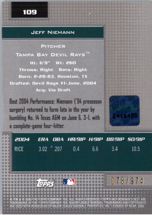 2005 Bowman's Best #109 Jeff Niemann FY AU RC back image