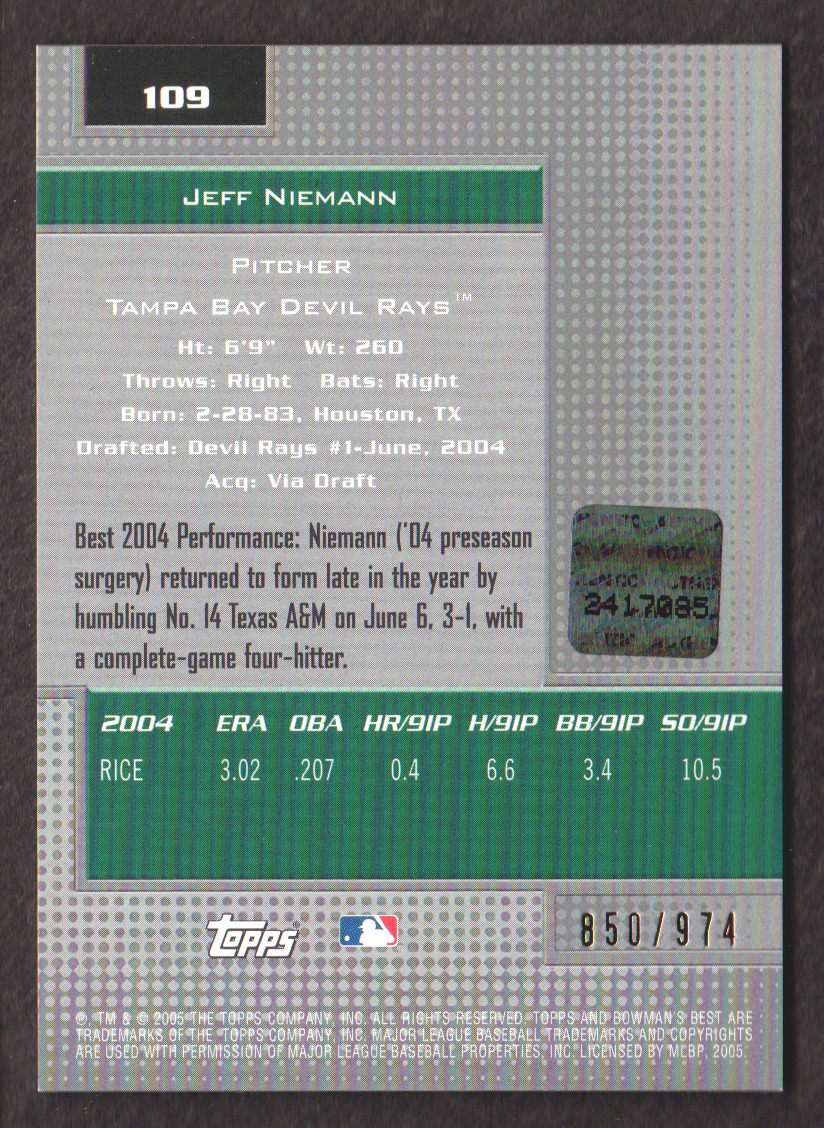2005 Bowman's Best #109 Jeff Niemann FY AU RC back image