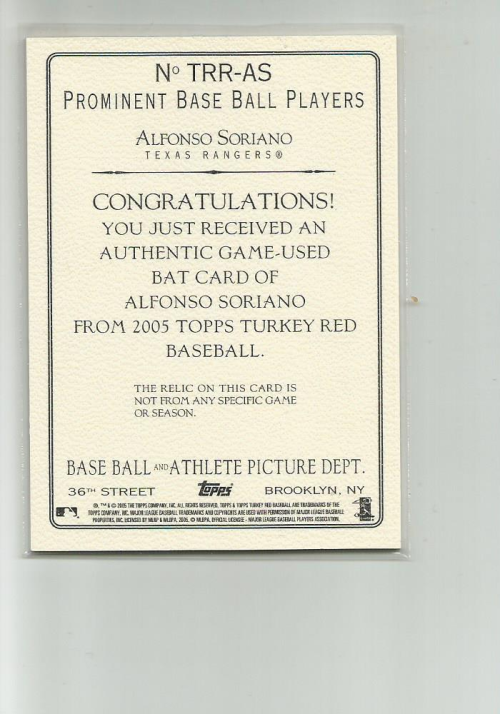 2005 Topps Turkey Red Relics #AS Alfonso Soriano Bat H back image