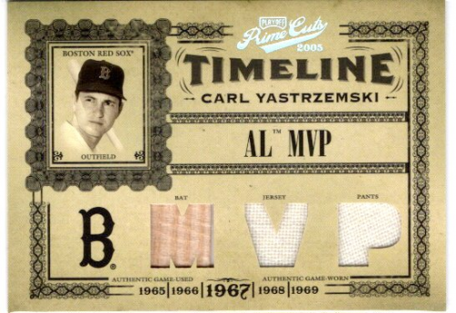 2005 Prime Cuts Timeline Material Trio MVP #T22 Carl Yastrzemski B-J-P/50