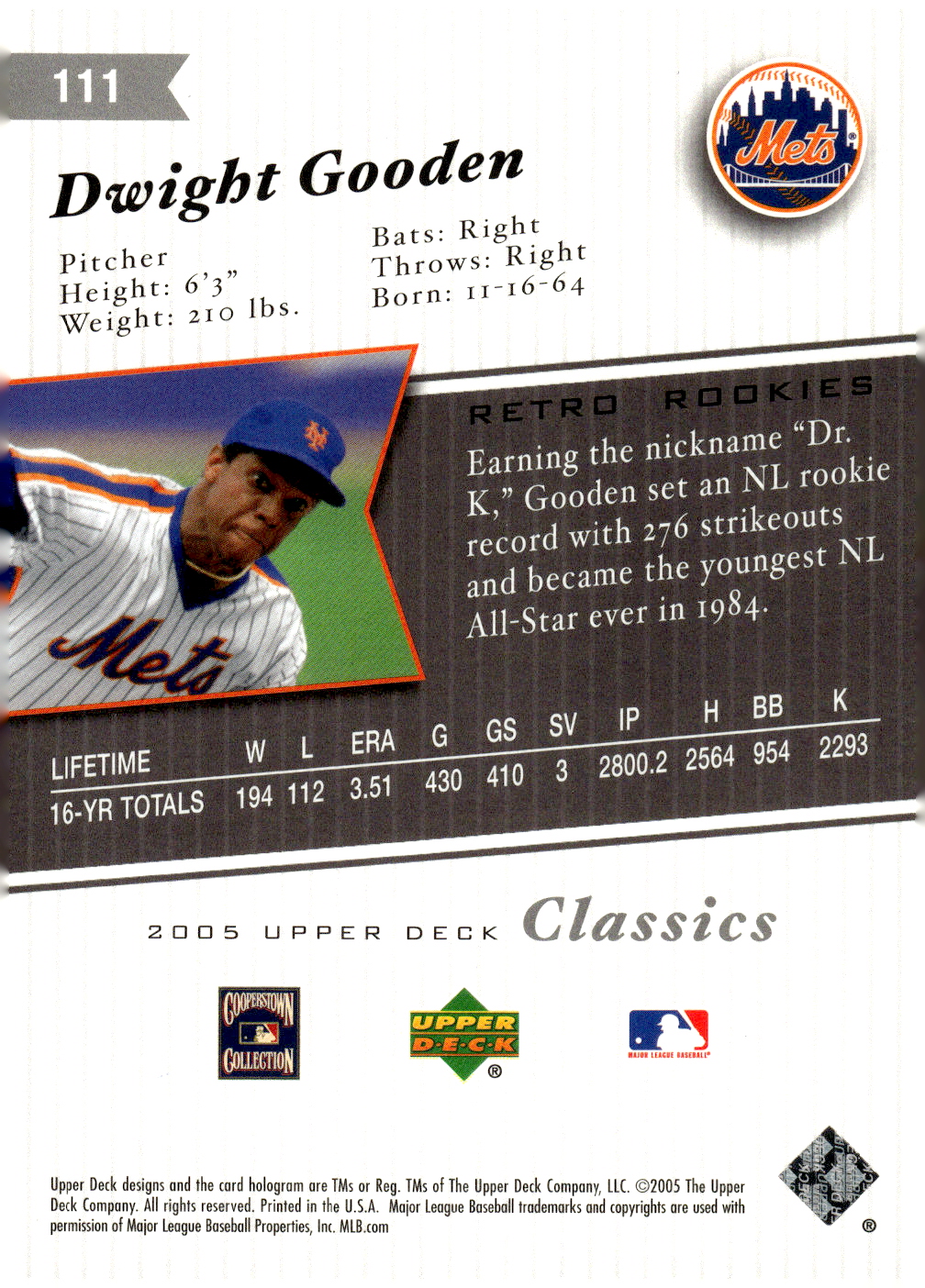 2005 Upper Deck Classics Silver #111 Dwight Gooden RSR back image