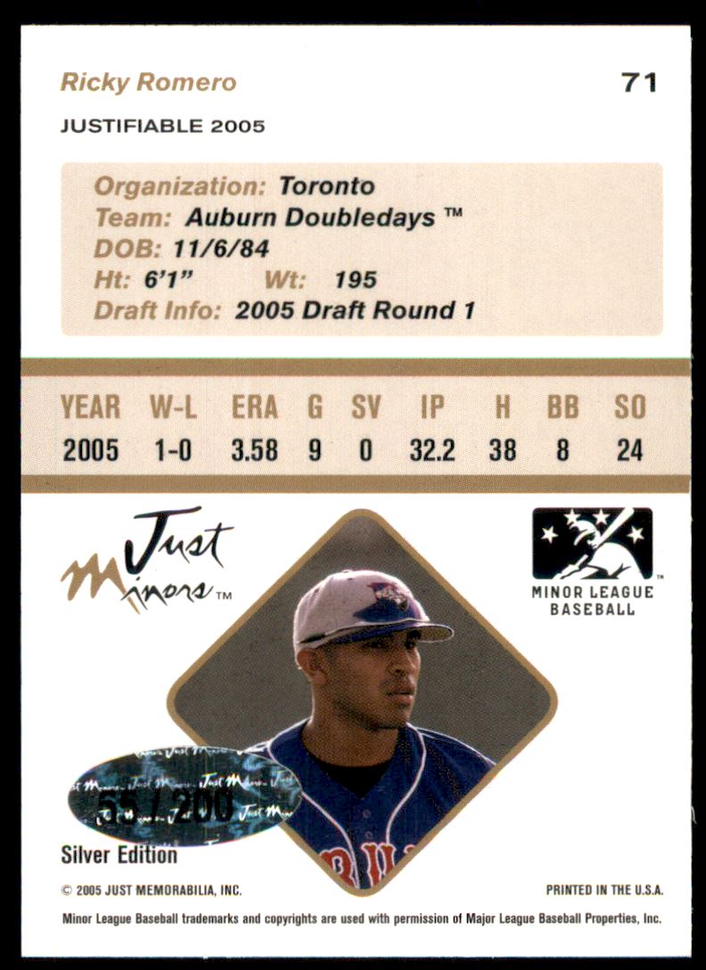 2005 Justifiable Silver #71 Ricky Romero back image